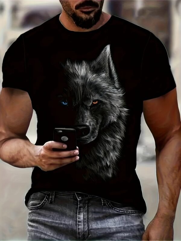 3D Digital Cool Wolf Contrast Color Eye Pattern Round Neck T-shirt, Men's Summer Outdoor Activity Fashion Top - Image 6