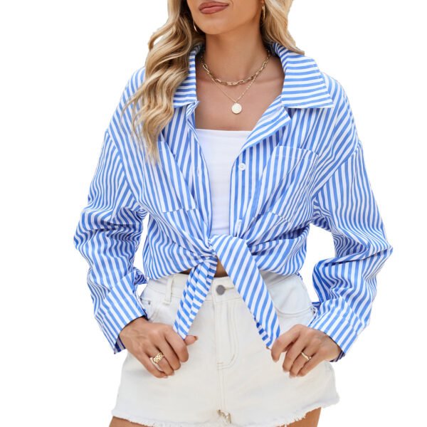 Fashion Striped Long Sleeve Shirt With Pockets Casual Loose Single-breasted Button Top Women Clothing - Image 2