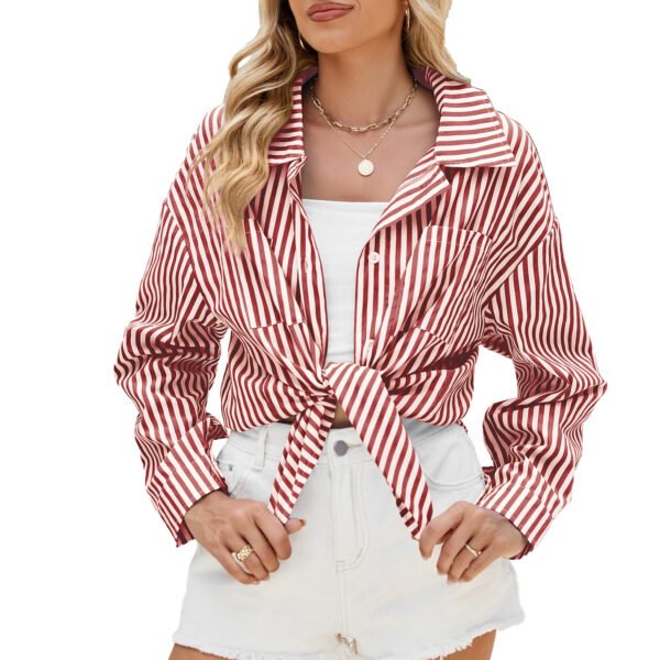 Fashion Striped Long Sleeve Shirt With Pockets Casual Loose Single-breasted Button Top Women Clothing - Image 3