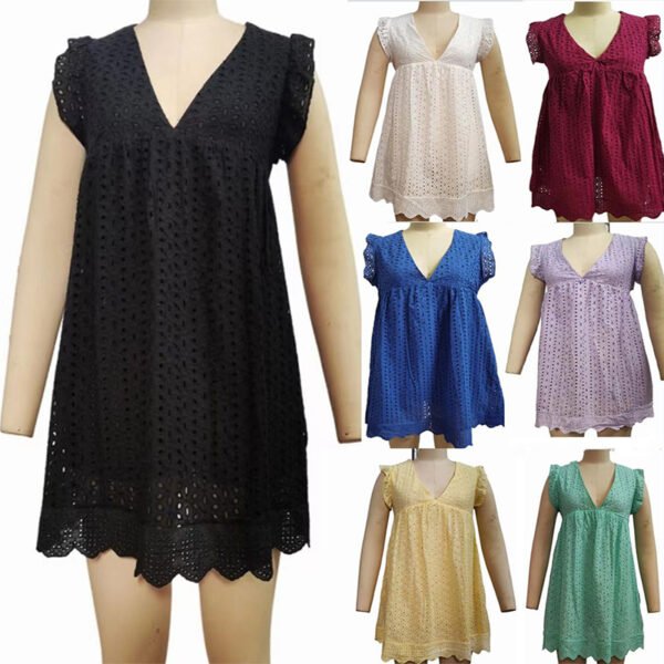 Lace Dresses With Pocket Summer Sleeveless Jacquard Cutout V-Neck Beach Dress - Image 2