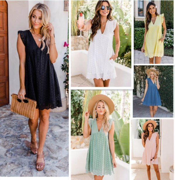 Lace Dresses With Pocket Summer Sleeveless Jacquard Cutout V-Neck Beach Dress - Image 3