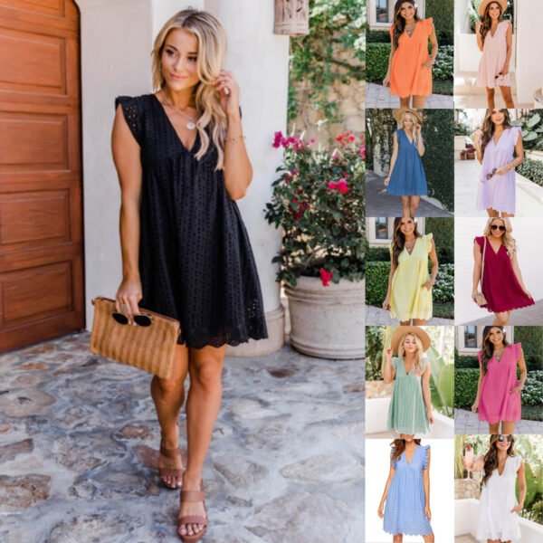 Lace Dresses With Pocket Summer Sleeveless Jacquard Cutout V-Neck Beach Dress - Image 5